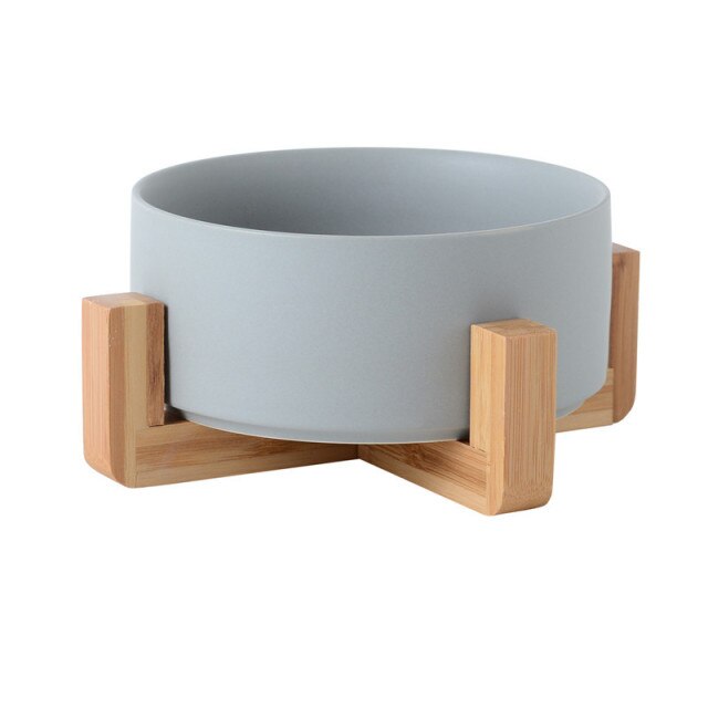 Ceramic Feeder With Wooden Stand Dia:16cm H:6.5cm Grey